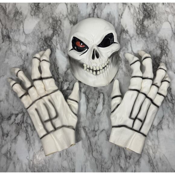 Halloween Mask Scary Skeleton Head Red Eyes & Gloves with Shimmer Robe Youth XL - Picture 3 of 3
